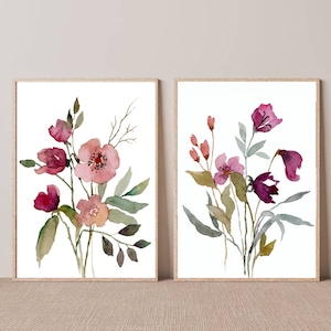 Large floral wall art set of 2 wildflowers watercolor painting pink purple flower prints modern farmhouse wall decor botanical art print