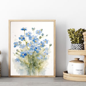 May include: A watercolour painting of a bunch of blue forget-me-not flowers. The flowers are painted in a realistic style with delicate details. The background is a soft, watercolour wash of light blue and white.