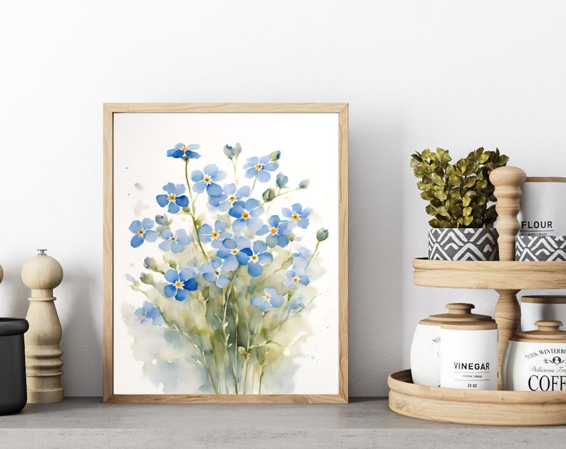 May include: A watercolour painting of a bunch of blue forget-me-not flowers. The flowers are painted in a realistic style with delicate details. The background is a soft, watercolour wash of light blue and white.