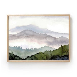 Misty mountains watercolor painting large neutral art print gray green wall art neutral panoramic landscape forest wall decor
