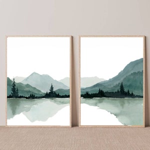 Set of 2 Mountain lake watercolor large minimalist art print pine tree poster teal forest painting modern wall decor blue green forest print