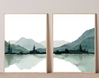 Set of 2 Mountain lake watercolor large minimalist art print pine tree poster teal forest painting modern wall decor blue green forest print