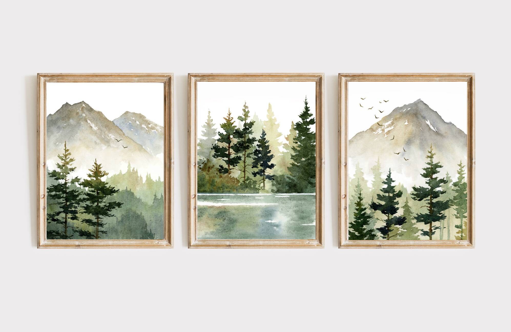 Wall Art Set of 3 Mountain Forest Large Art Prints Pine Tree Painting ...