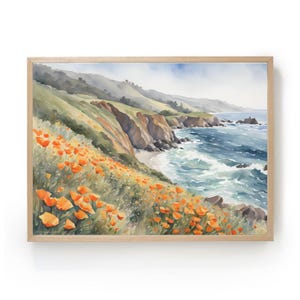 Paisaje marino acuarela imágenes costa California paisaje amapolas gran pared arte acuarela imágenes impresión pintura arte impresión Big Sur cartel