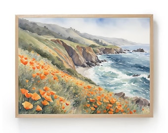 May include: A watercolor painting of a coastal landscape with a rocky cliffside covered in orange poppies overlooking a blue ocean with white waves.