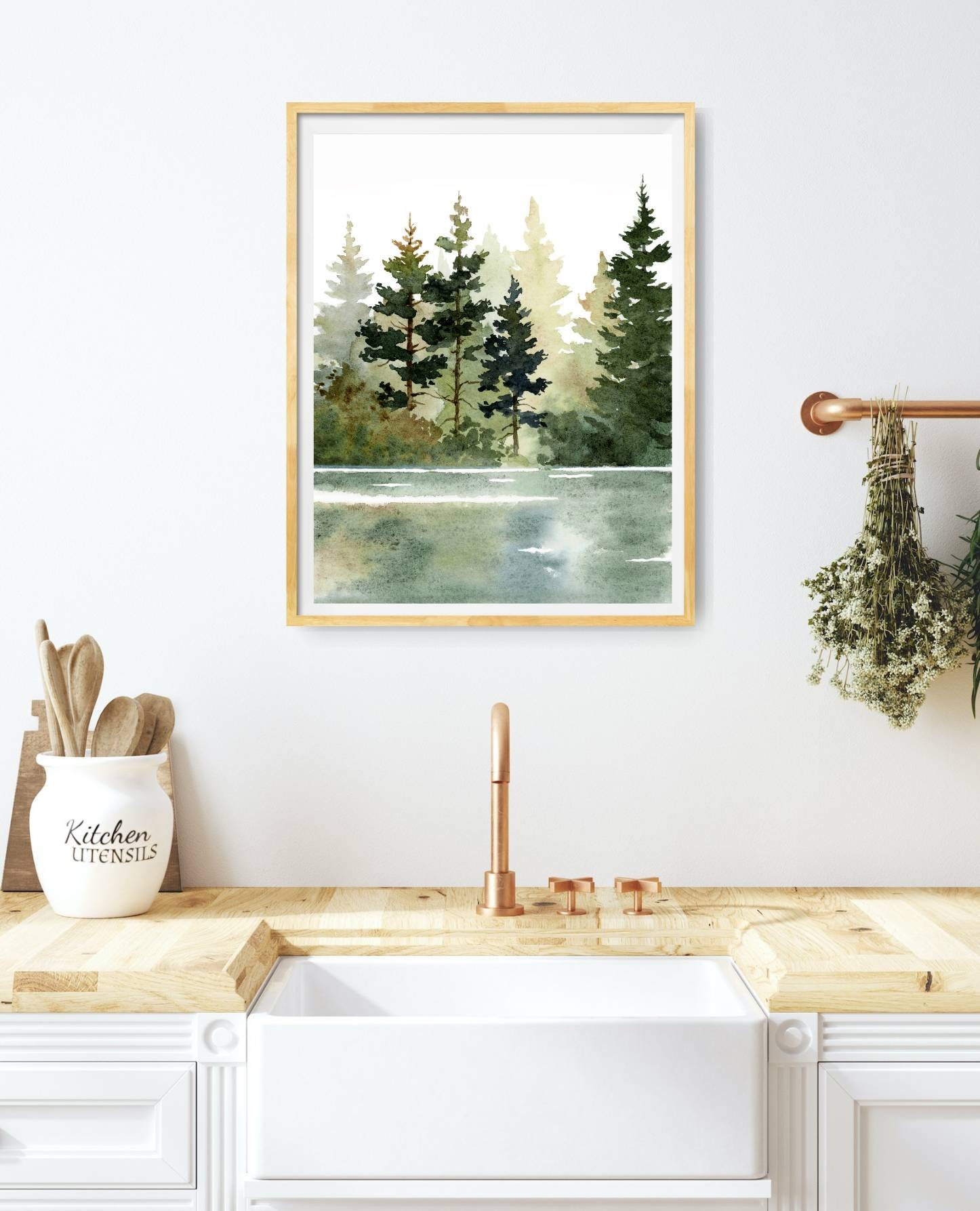 Forest Lake Watercolor Painting Pine Tree Art Prints Minimalist Wall ...