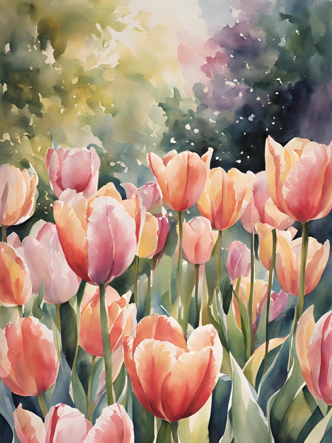 チューリップの草原の絵画、花の風景写真、春の装飾、イースターの