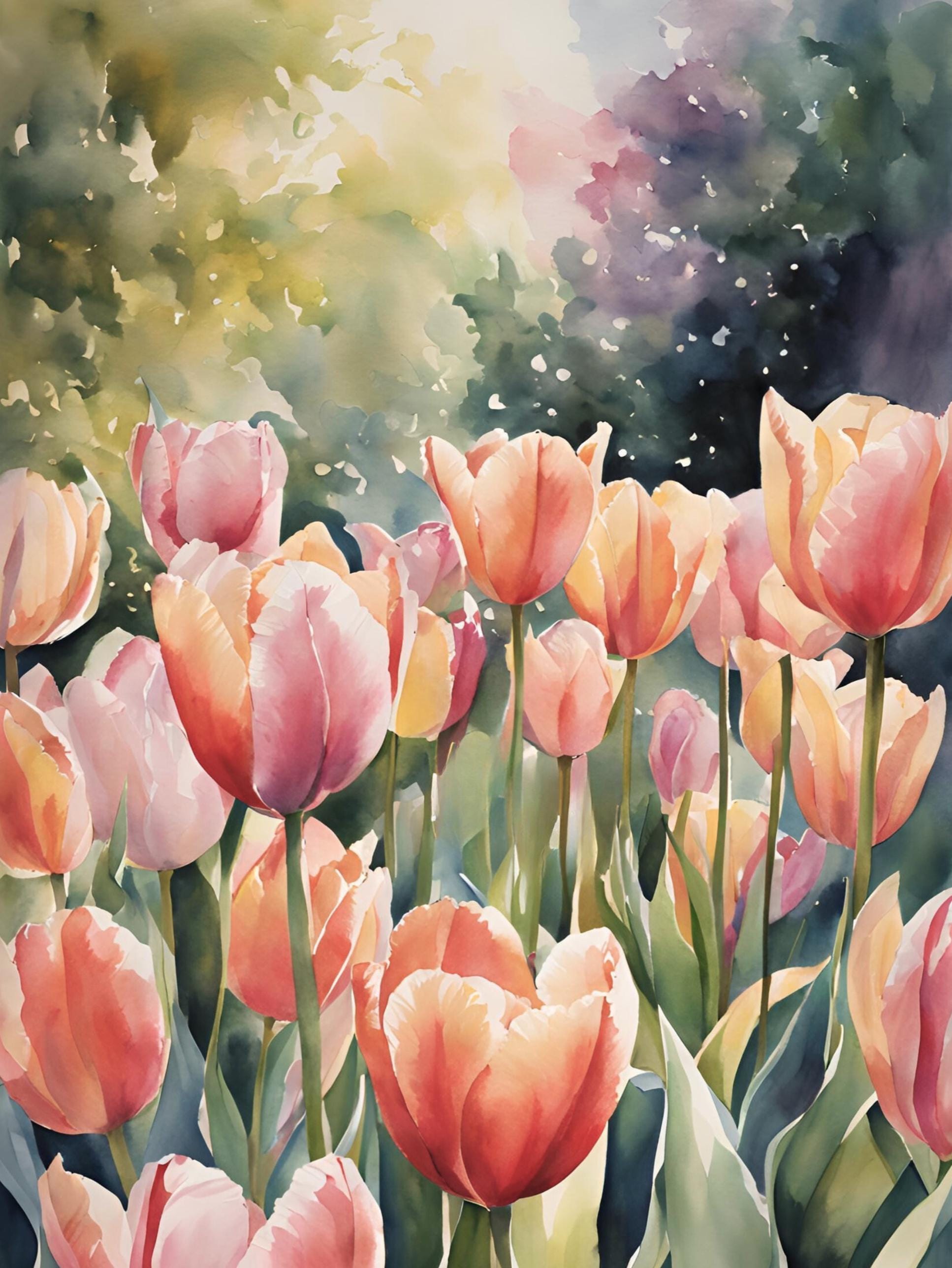 チューリップの草原の絵画、花の風景写真、春の装飾、イースターの