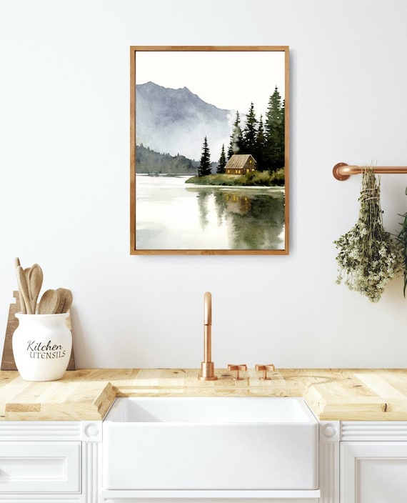 山小屋の絵、森の湖の水彩画、抽象的な風景画、アートプリントの写真
