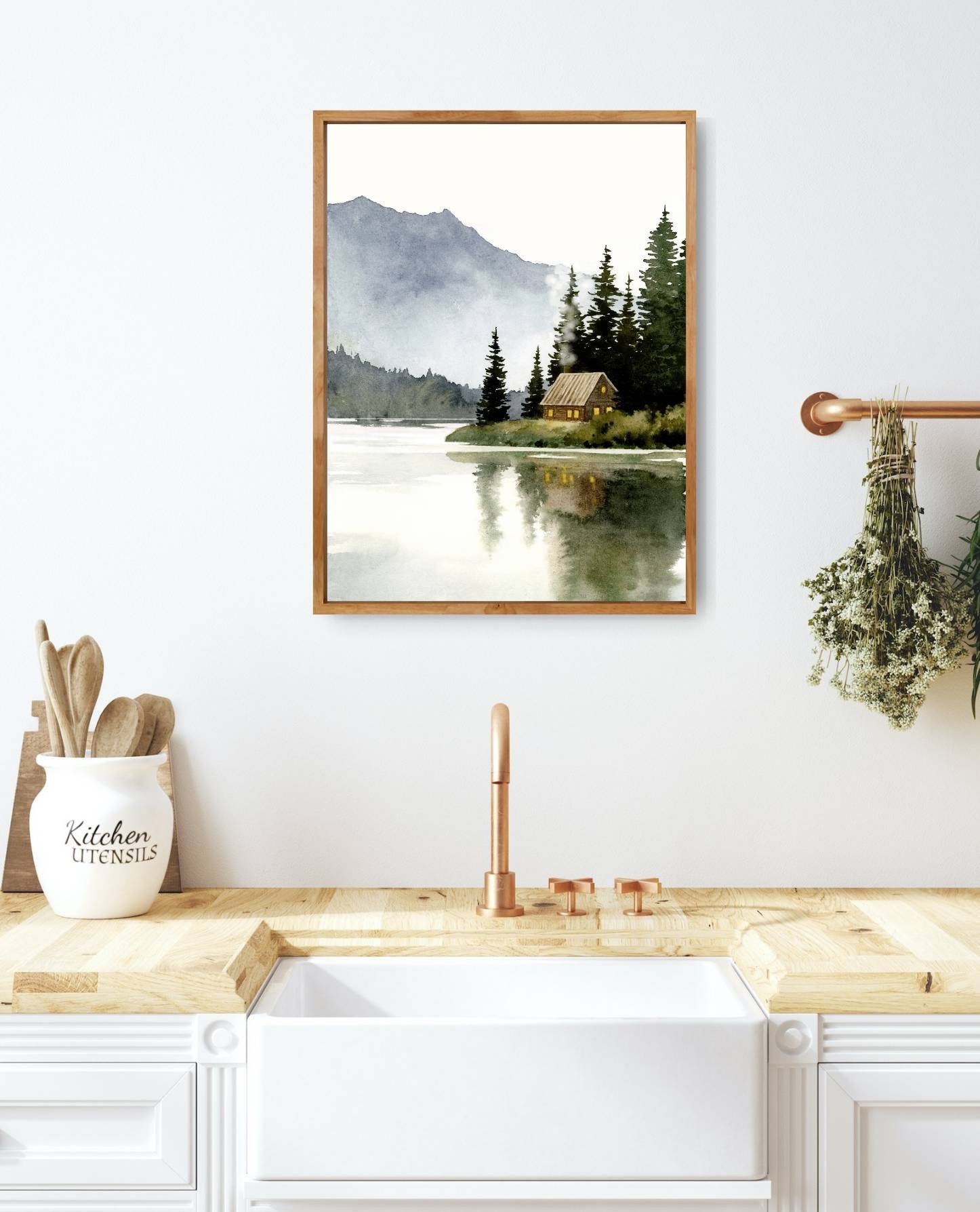 山小屋の絵、森の湖の水彩画、抽象的な風景画、アートプリントの写真