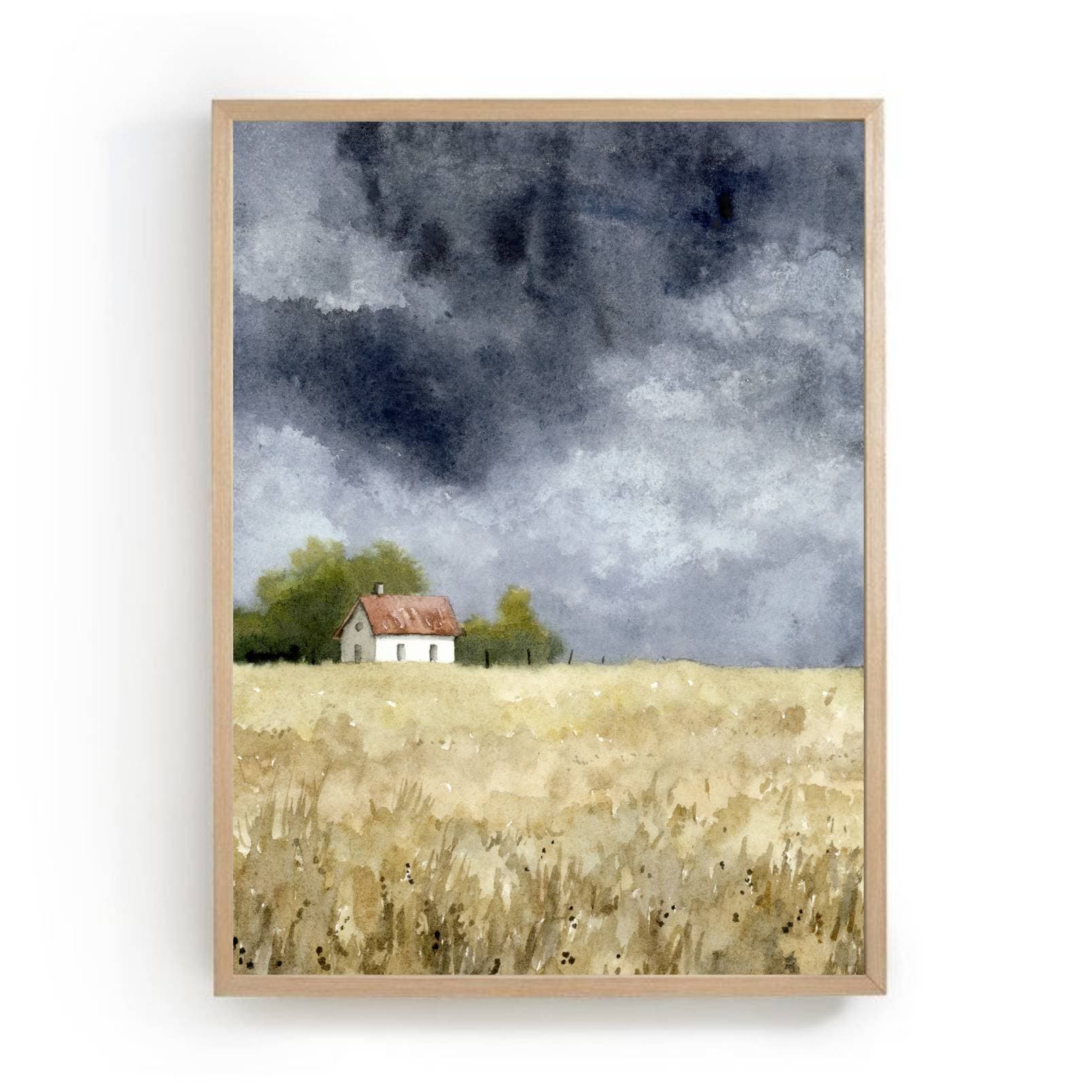 小麦畑の家水彩画プリント雨雲写真フィールド風景カントリーハウス装飾