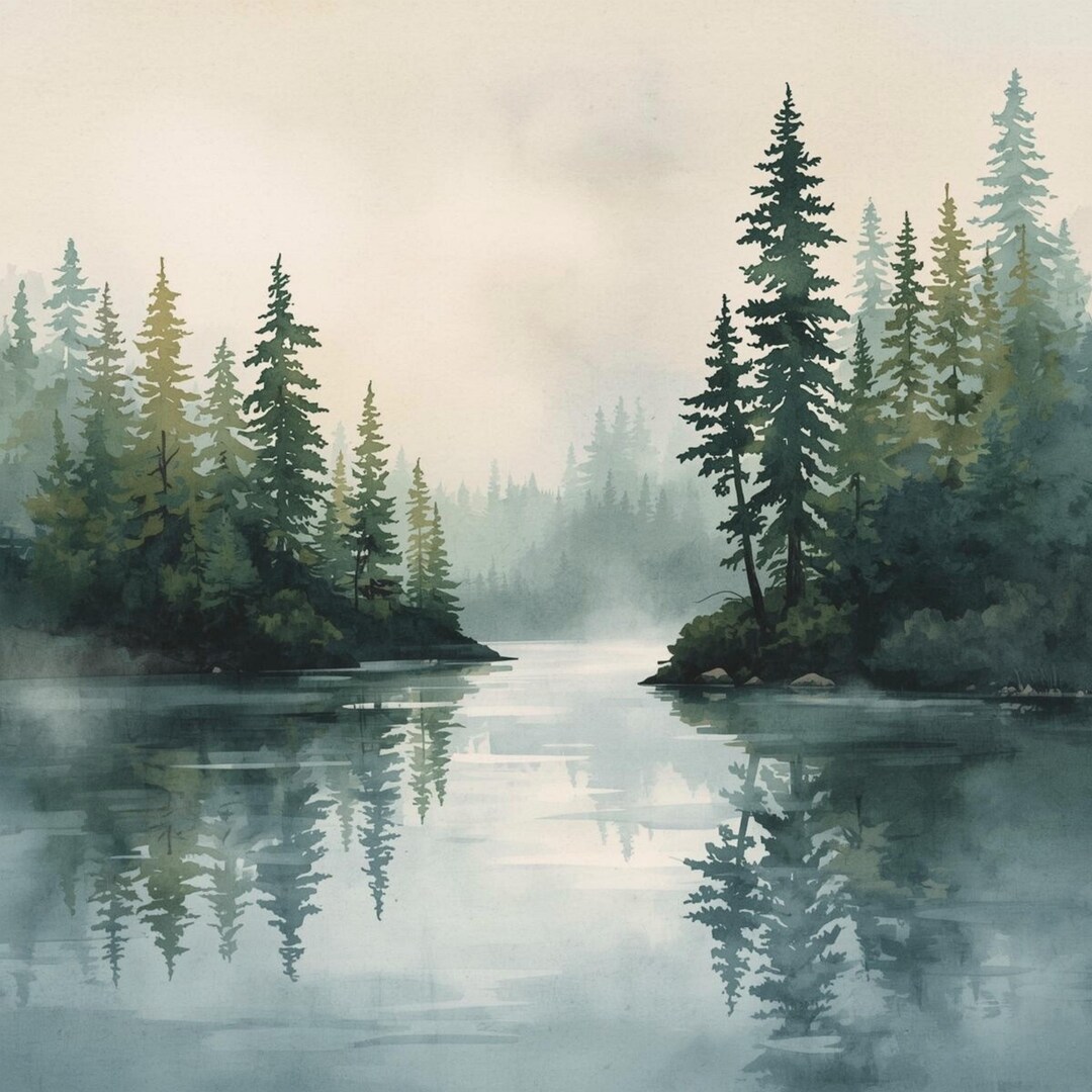Forest Lake Painting Pine Trees Watercolor Art Print Blue Green Wall ...