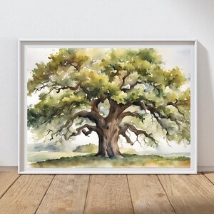 May include: Watercolor painting of a large oak tree with a wide trunk and sprawling branches. The tree's leaves are a mix of green and yellow, and the artwork is framed in a white border. The painting is on display.