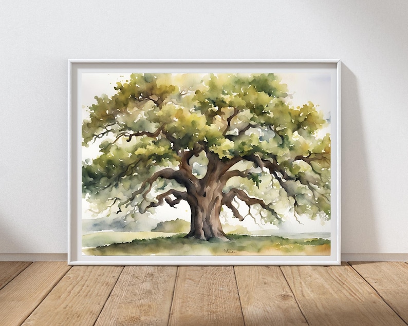 May include: Watercolor painting of a large oak tree with a wide trunk and sprawling branches. The tree's leaves are a mix of green and yellow, and the artwork is framed in a white border. The painting is on display.