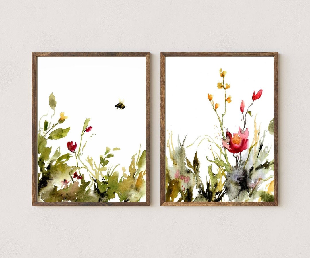 Large Floral Wall Art Set of 2 Wildflowers Watercolor Painting Flower ...