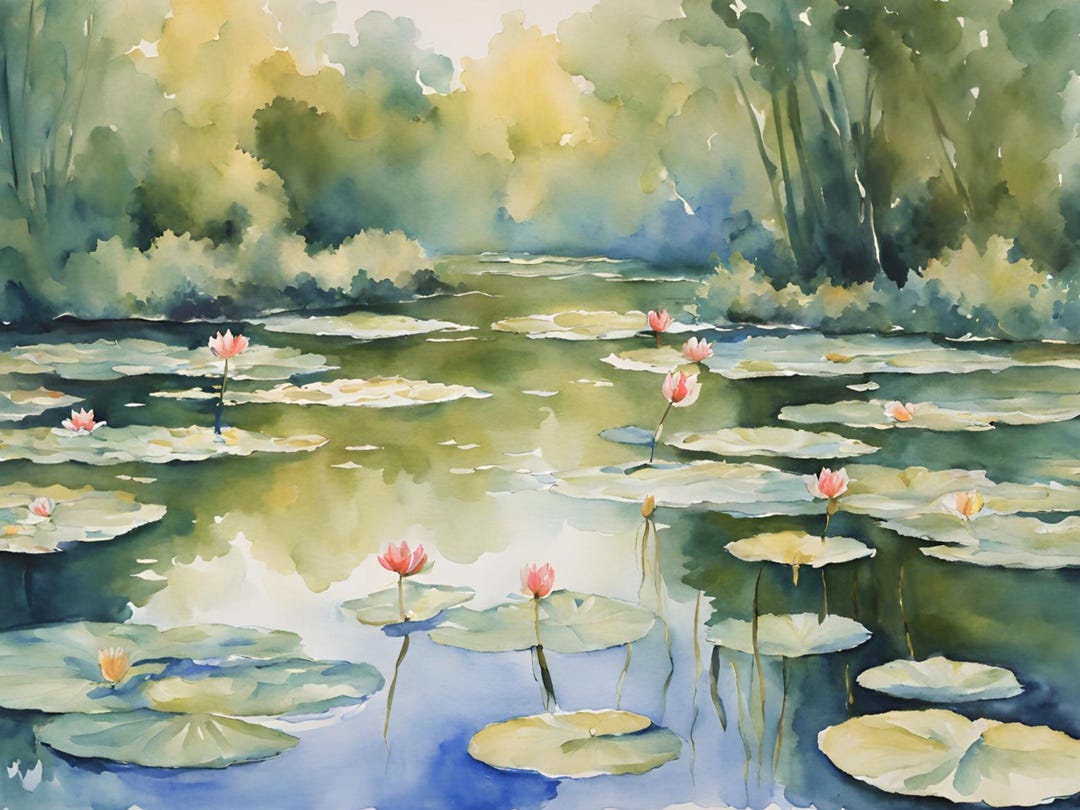 Water Lily Pond Painting Lotus Flowers Watercolor Art Print Landscape ...