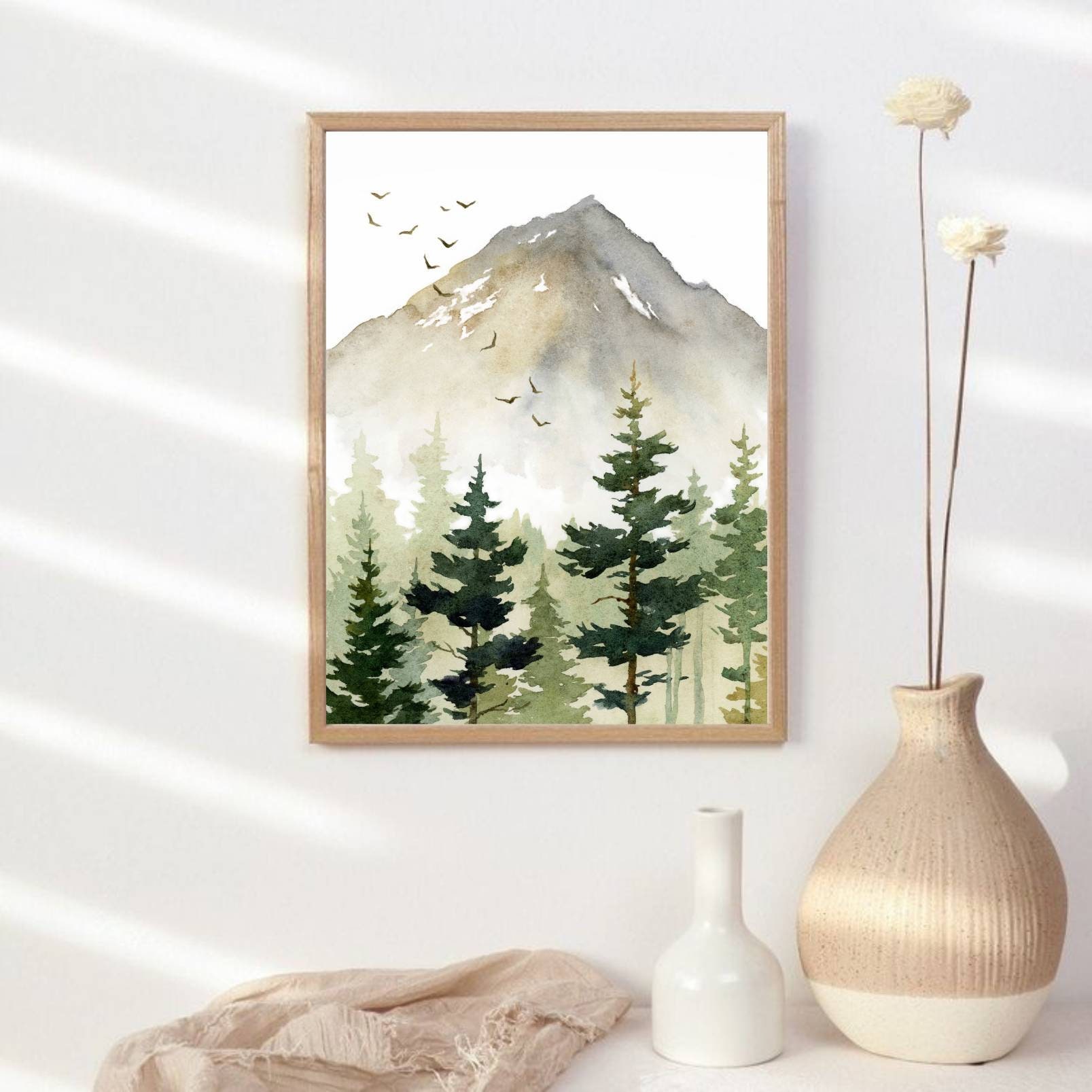 Pine Forest Art Print Mountain Painting Pine Tree Wall Art Watercolor ...
