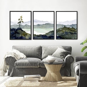 Large Minimalist Forest Painting Set of 3 Prints Mountain Lake Wall Art ...