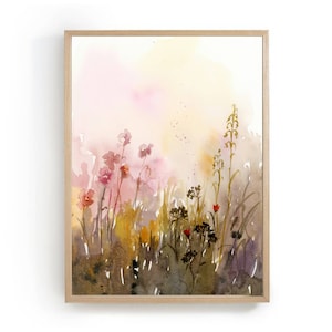 Large flower landscape art print watercolor meadow wall art wildflowers poster sunrise field art on canvas pink yellow floral print 24x36