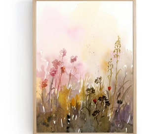 Large flower landscape art print watercolor meadow wall art wildflowers poster sunrise field art on canvas pink yellow floral print 24x36