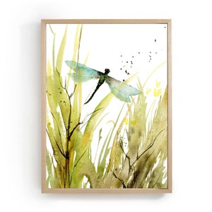 Aquarell Bilder Libelle, Wildblumen Feld Malerei, botanische Poster, Libellen Wandkunst, Küchen Poster grün gelb türkiz