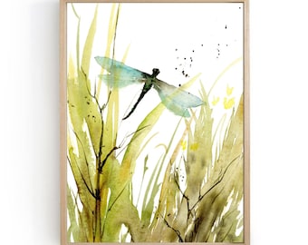 Meadow painting abstract, dragon fly art print, botanical poster, wildflowers wall art, spring green wall art, moody print dragonfly