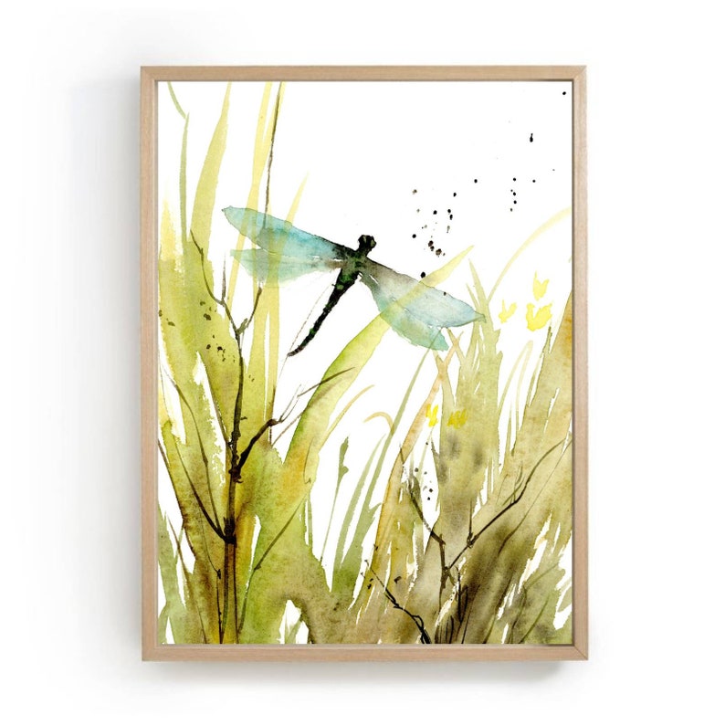 Meadow painting abstract, dragon fly art print, botanical poster, wildflowers wall art, spring green wall art, moody print dragonfly image 1