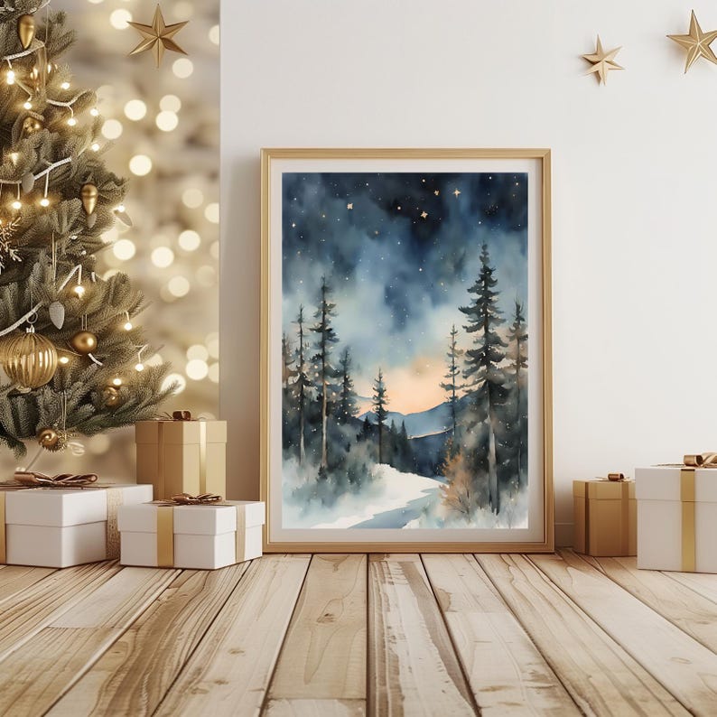 May include: A watercolor painting of a snowy forest scene with a path leading through the trees. The sky is a deep blue with white clouds and stars. The trees are a dark green and the snow is a light white. The painting has a soft, dreamy feel.