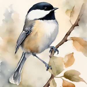 May include: A watercolor painting of a black-capped chickadee perched on a branch with brown leaves. The bird has a black cap, white cheeks, and a gray body.
