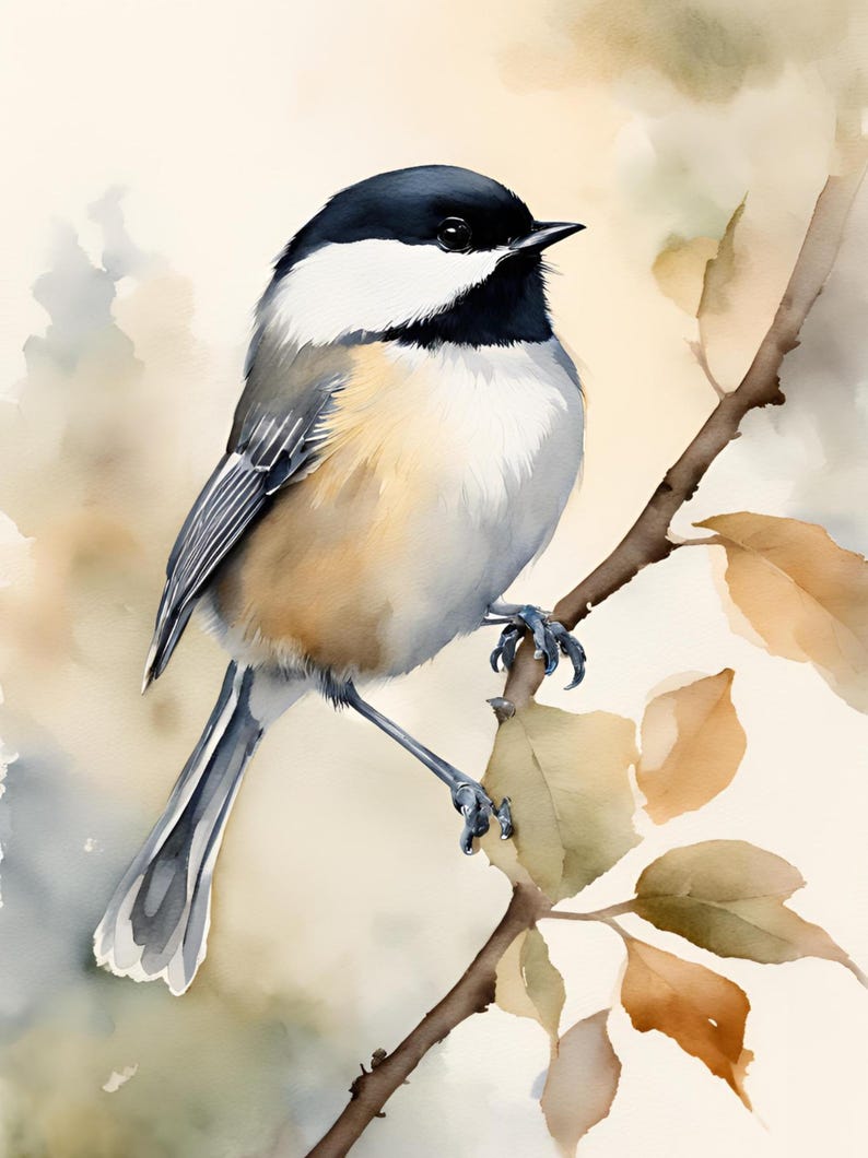 May include: A watercolor painting of a black-capped chickadee perched on a branch with brown leaves. The bird has a black cap, white cheeks, and a gray body.