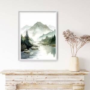Mountain River Painting Print Pine Tree Wall Art Watercolor Landscape ...
