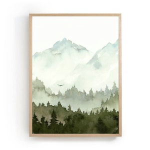 Mountain forest watercolor painting pine tree art prints minimalist wall art neutral landscape painting mountain valley poster