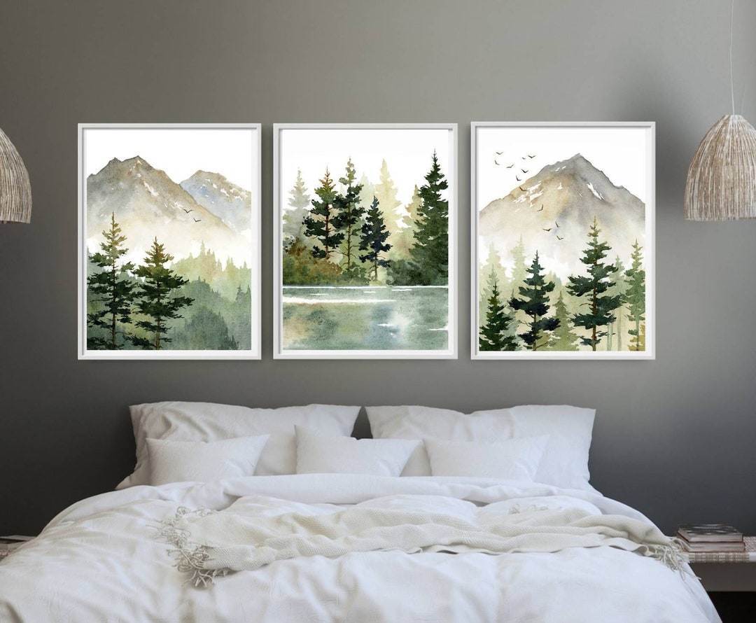 Wall Art Set of 3 Mountain Forest Large Art Prints Pine Tree Painting ...