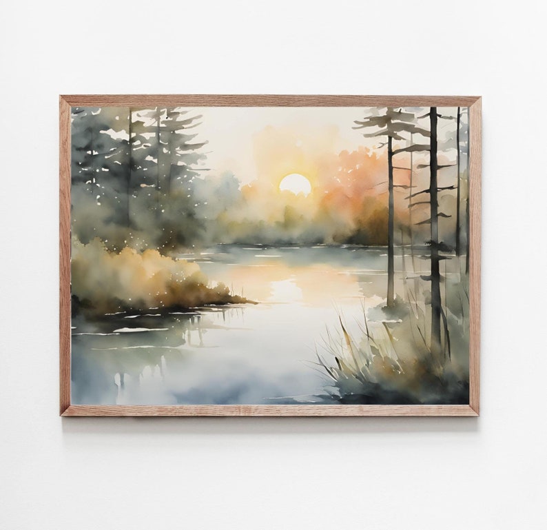 Sunrise Forest Lake Painting Pine Trees Watercolor Art Print Neutral ...