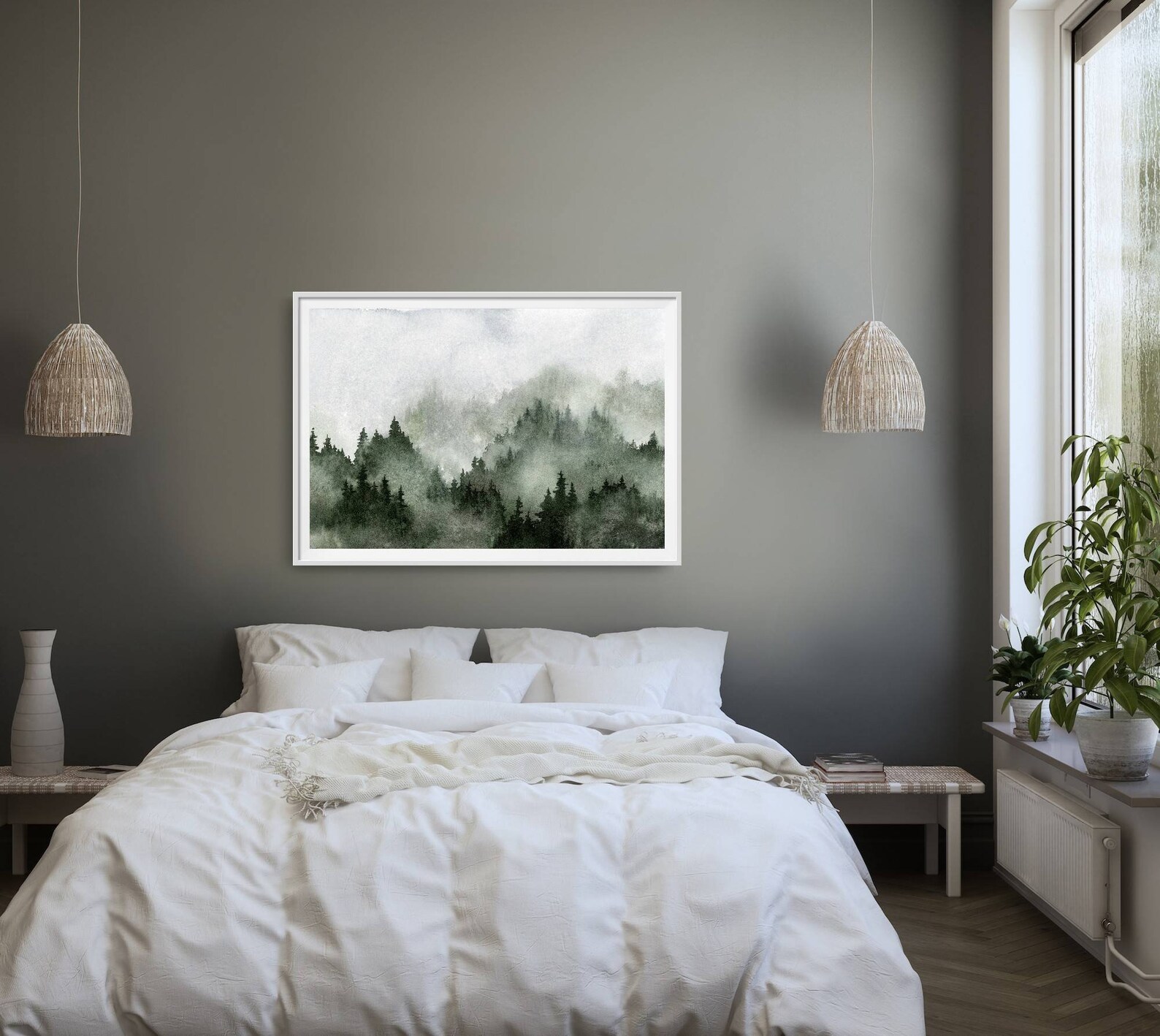Large Pine Tree Wall Art Misty Forest Print Panoramic Landscape Teal ...