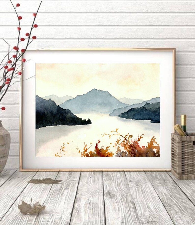 Mountain Lake Wall Art Sunset Lake Watercolor Painting Large Etsy