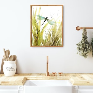 Meadow painting abstract, dragon fly art print, botanical poster, wildflowers wall art, spring green wall art, moody print dragonfly image 5