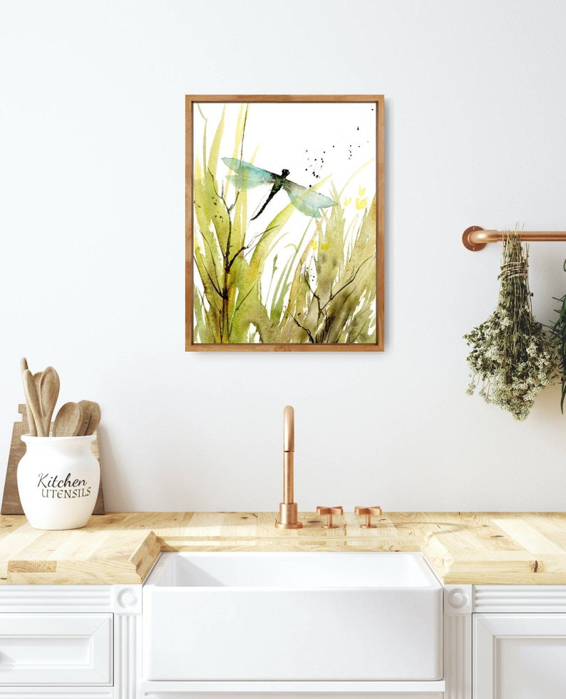 Meadow painting abstract, dragon fly art print, botanical poster, wildflowers wall art, spring green wall art, moody print dragonfly image 5