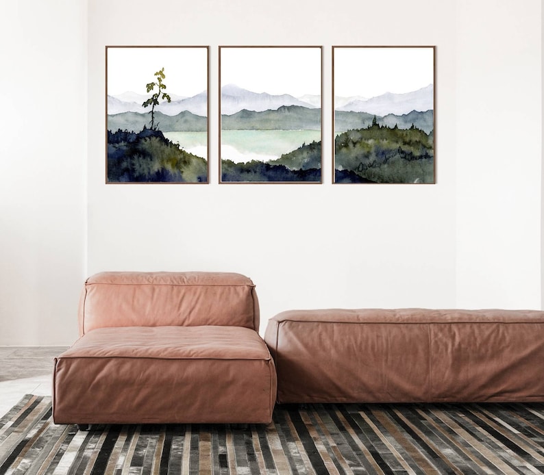 Large Minimalist Forest Painting Set of 3 Prints Mountain Lake Wall Art ...