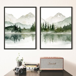 Watercolor Painting Print Set Mountain Lake Abstract Landscape Gray ...