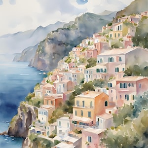 Italien Landschaft Positano Aquarell Bilder Druck Amalfi Küste Reise Poster Malerei Kunstdruck