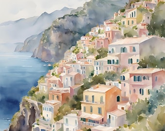 Italien Landskap Positano Akvarell Bilder Tryck Amalfikusten Resa Poster Målning Konsttryck