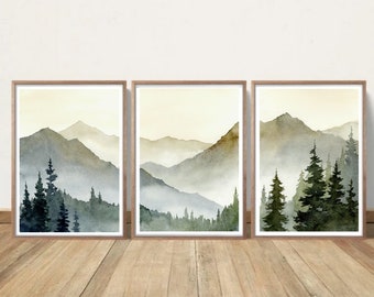 Sunset Mountain painting watercolor art prints wall set of 3 Pine tree forest rustic home decor
