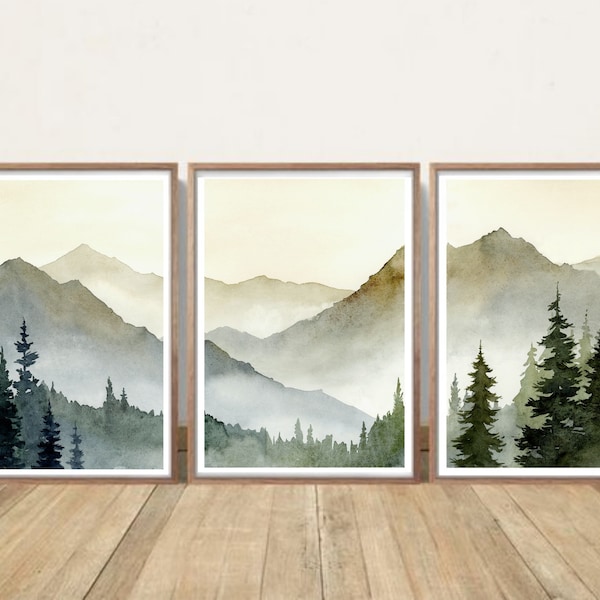 Aquarellbilder Landschaft Set von 3 Bilder Berge Sonnenuntergang Malerei Bergwald Poster XXL