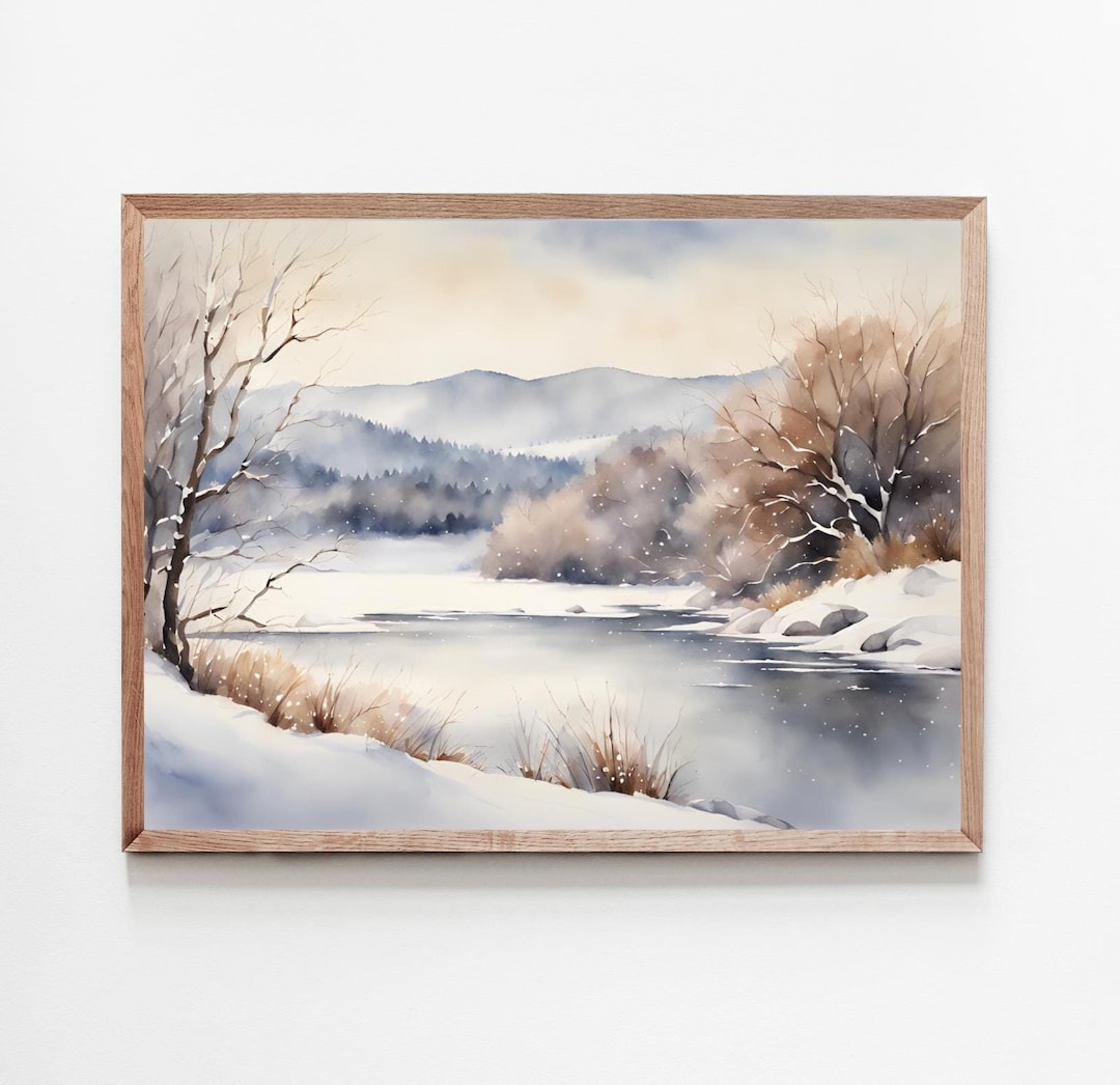 Winter Forest Lake Painting Snow Scene Landscape Watercolor Art Print ...