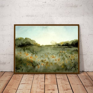 May include: A watercolor painting of a landscape with a field of yellow flowers in the foreground, a body of water in the middle ground, and a line of trees in the background. The sky is a light blue with a hint of orange in the distance.
