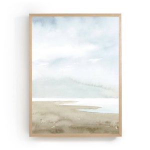 Seascape Acuarela arte minimalista vertical azul brillante beige pared arte mar
