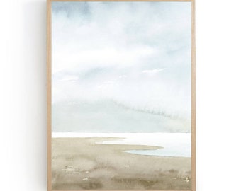 Sea Landscape watercolor painting sea coast wall art coastal home decor light blue beige fine art print minimalist wall art