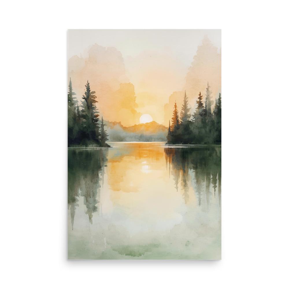 Sunrise Forest Lake Painting Watercolor Landscape Michigan Art Print ...
