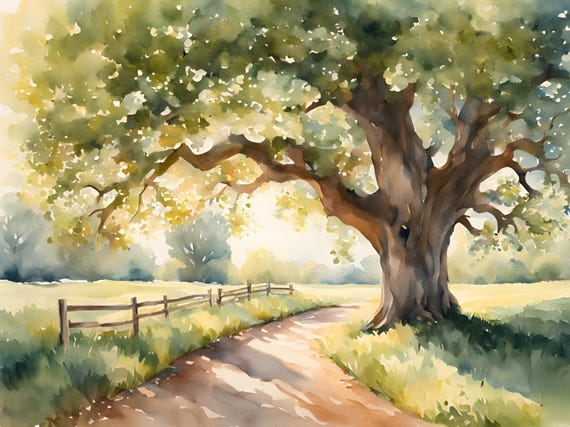 Feldweg Eiche Baum Malerei Aquarell Landschaft Kunstdruck große Bilder Natur Malerei Aquarellbilder Landhaus Deko